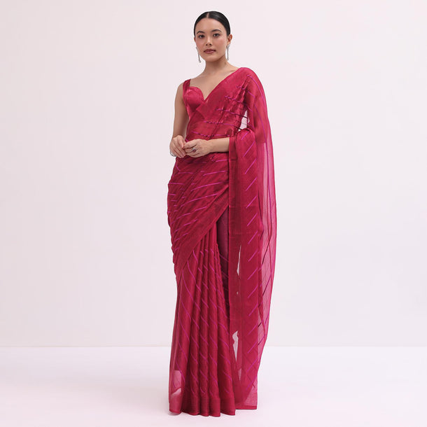 Red Stone Embroidered Saree With Unstitched Blouse