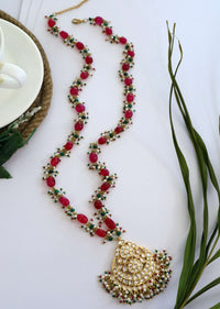 Red Stone Long Necklace With A Kundan Pendant And Pearls By Paisley Pop