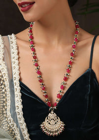 Red Stone Long Necklace With A Kundan Pendant And Pearls By Paisley Pop
