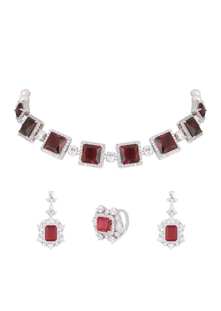 Red Stone Studded Necklace, Earrings And Ring Set In Geometric Design By Aster