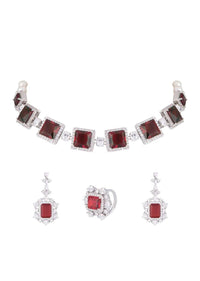 Red Stone Studded Necklace, Earrings And Ring Set In Geometric Design By Aster