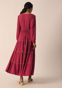 Red Tiered Long Kurti With Embellished Belt