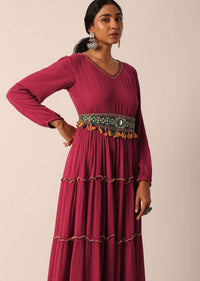 Red Tiered Long Kurti With Embellished Belt