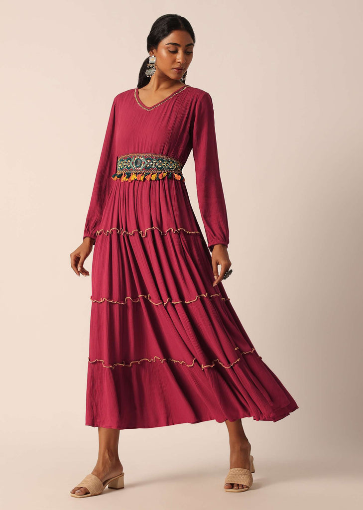 Red Tiered Long Kurti With Embellished Belt