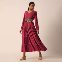 Red Tiered Long Kurti With Embellished Belt