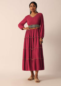 Red Tiered Long Kurti With Embellished Belt