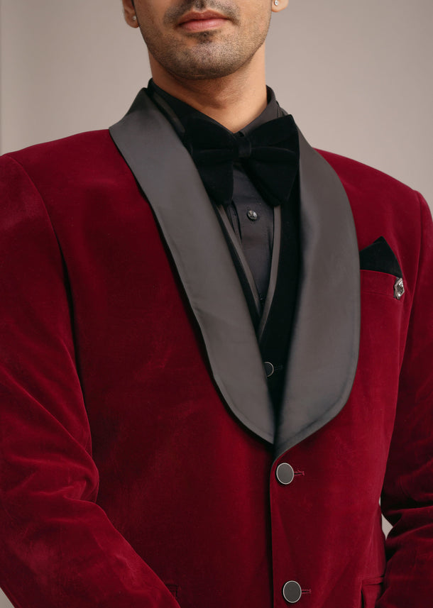 Red Tuxedo Set In Micro Velvet