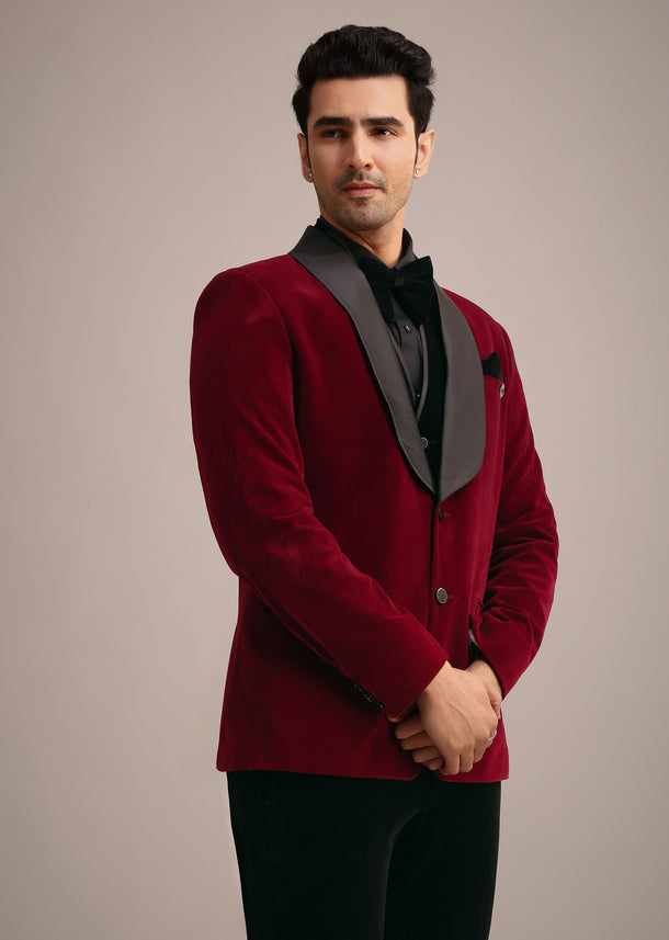 Red Tuxedo Set In Micro Velvet