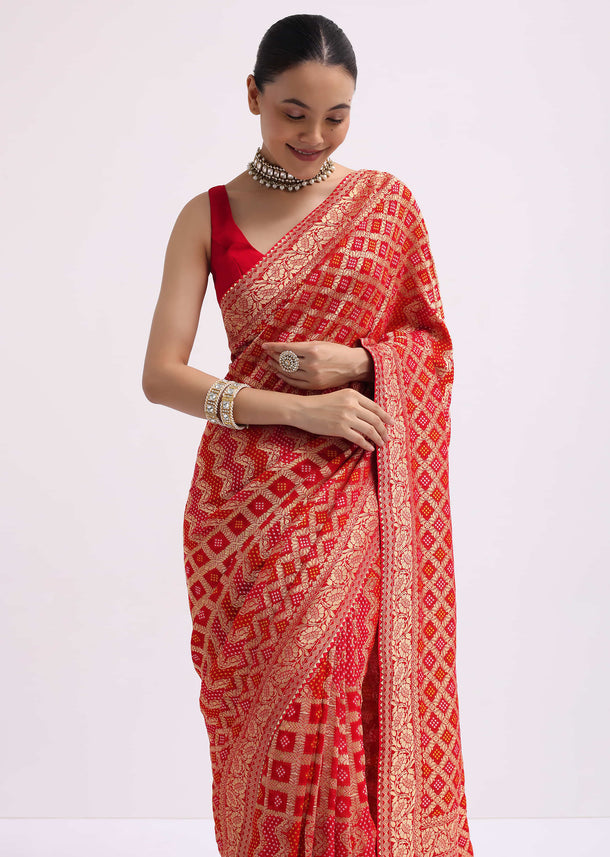 Red Woven Georgette Saree With Unstitched Blouse