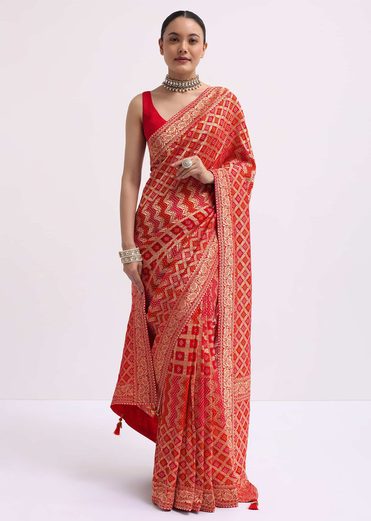 Red Woven Georgette Saree With Unstitched Blouse