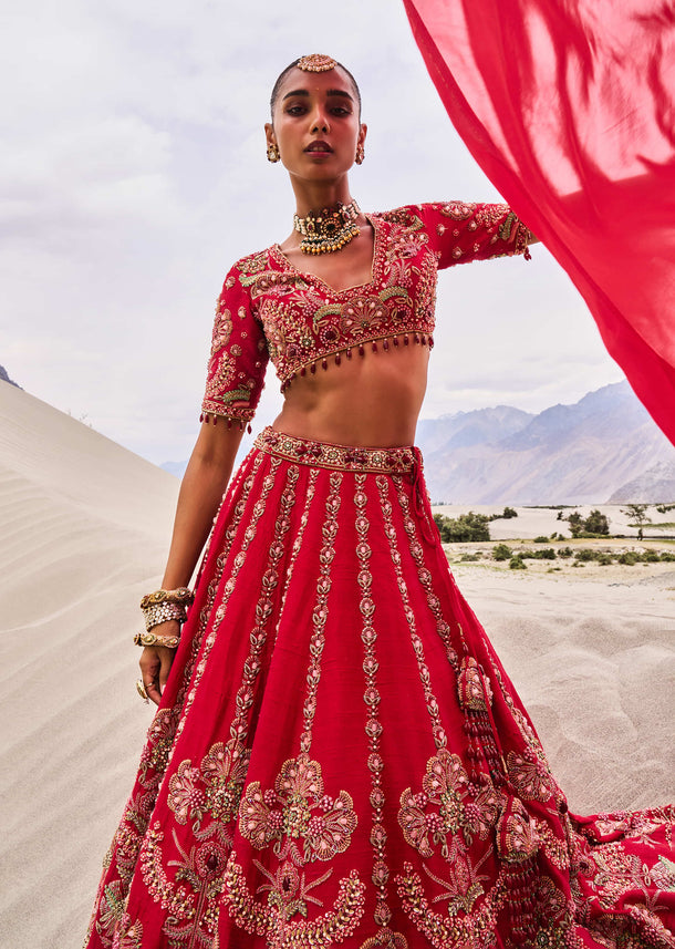 Red Zardosi Embroidered Lehenga Set With Two Dupattas