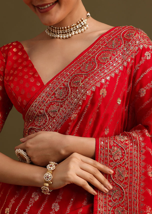 Red Zardosi Embroidered Saree With Unstitched Blouse