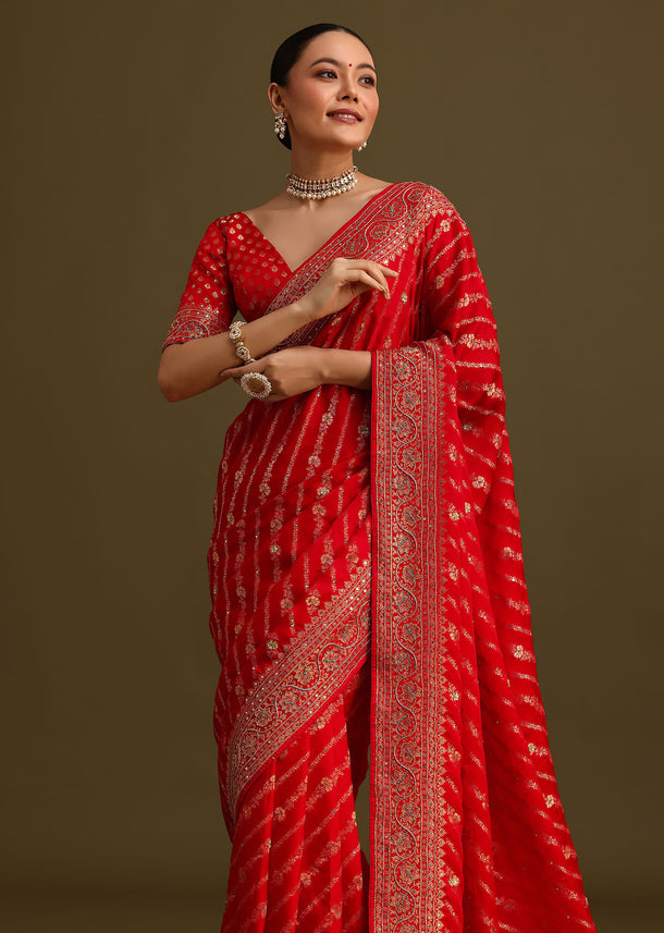 Red Zardosi Embroidered Saree With Unstitched Blouse