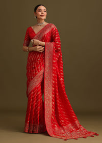 Red Zardosi Embroidered Saree With Unstitched Blouse