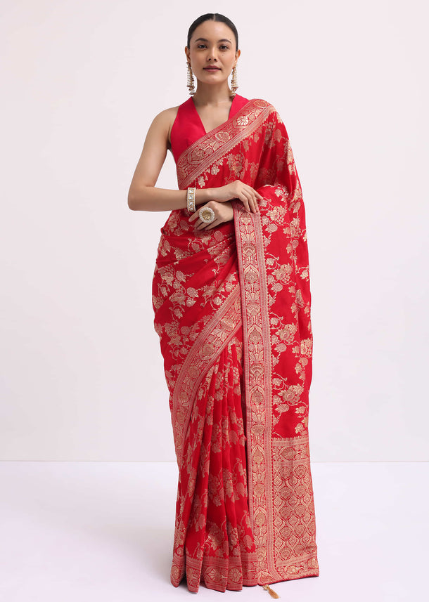 Red Zari Jaal Dola Silk Saree With Unstitched Blouse