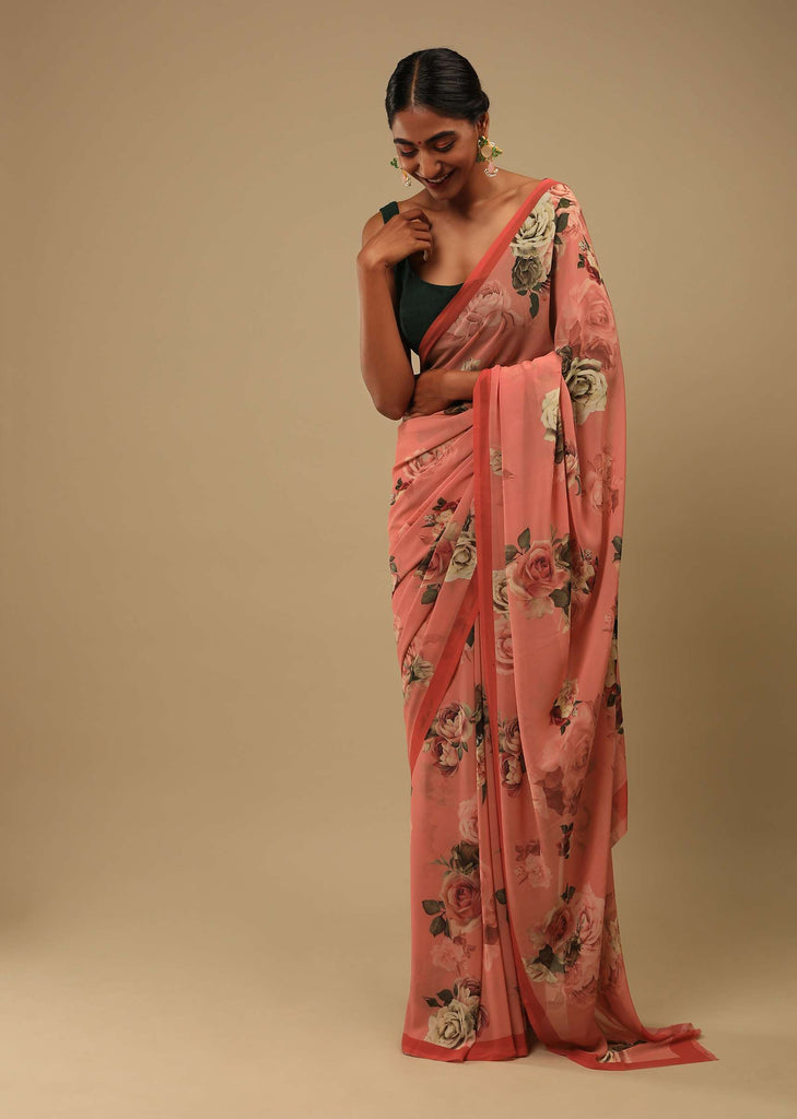 Reddish Peach Saree In Crepe Georgette With Printed Rose Motifs And Unstitched Blouse