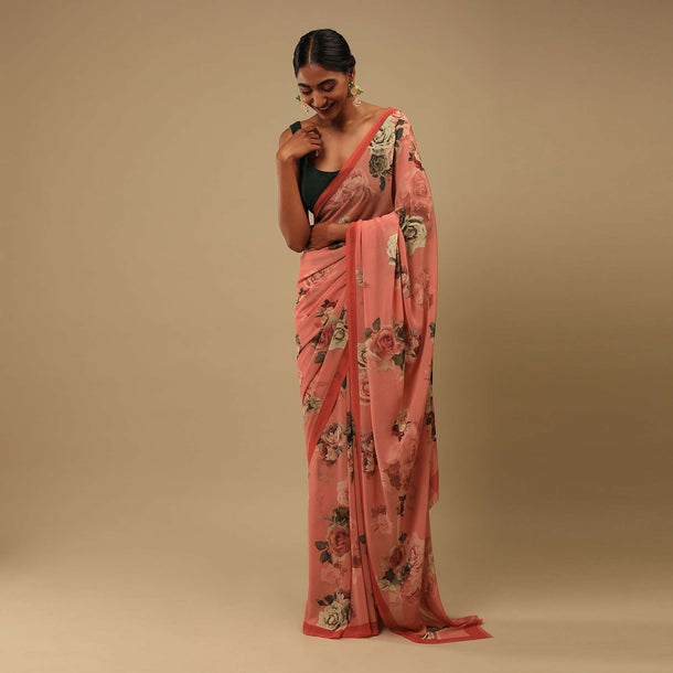 Reddish Peach Saree In Crepe Georgette With Printed Rose Motifs And Unstitched Blouse