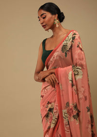 Reddish Peach Saree In Crepe Georgette With Printed Rose Motifs And Unstitched Blouse