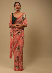 Reddish Peach Saree In Crepe Georgette With Printed Rose Motifs And Unstitched Blouse