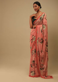 Reddish Peach Saree In Crepe Georgette With Printed Rose Motifs And Unstitched Blouse