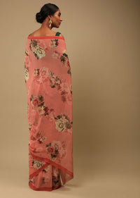 Reddish Peach Saree In Crepe Georgette With Printed Rose Motifs And Unstitched Blouse