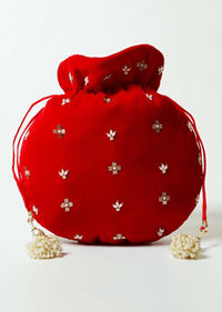 Red Potli Bag In Velvet With Cut Dana And Beads Embroidered Jaal