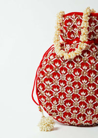 Red Potli Bag In Velvet With Cut Dana And Beads Embroidered Jaal