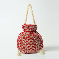 Red Potli Bag In Velvet With Cut Dana And Beads Embroidered Jaal