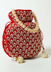 Red Potli Bag In Velvet With Cut Dana And Beads Embroidered Jaal