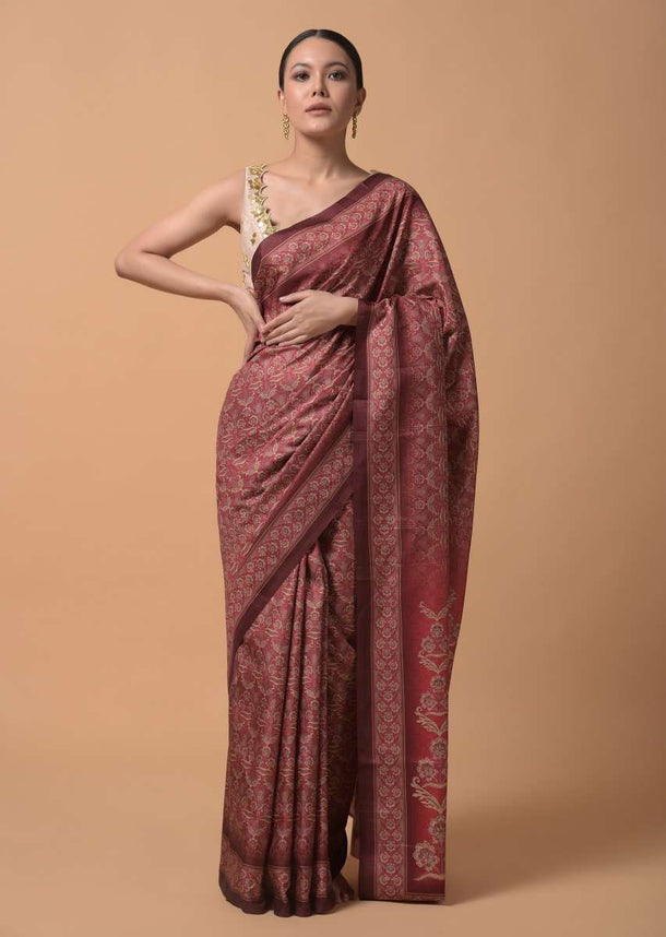 Reddish Pink Saree In Silk With Printed Floral Jaal Online - Kalki Fashion