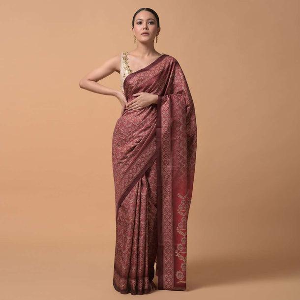 Reddish Pink Saree In Silk With Printed Floral Jaal Online - Kalki Fashion