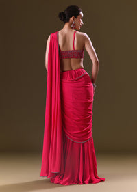 Reddish Pink Pre Stitched Draped Saree With Corset Fit Embroidered Blouse