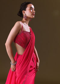 Reddish Pink Pre Stitched Draped Saree With Corset Fit Embroidered Blouse