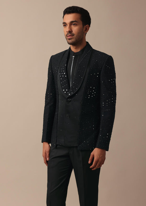 Refined Black Tuxedo Adorned with Intricate All Over Embroidery