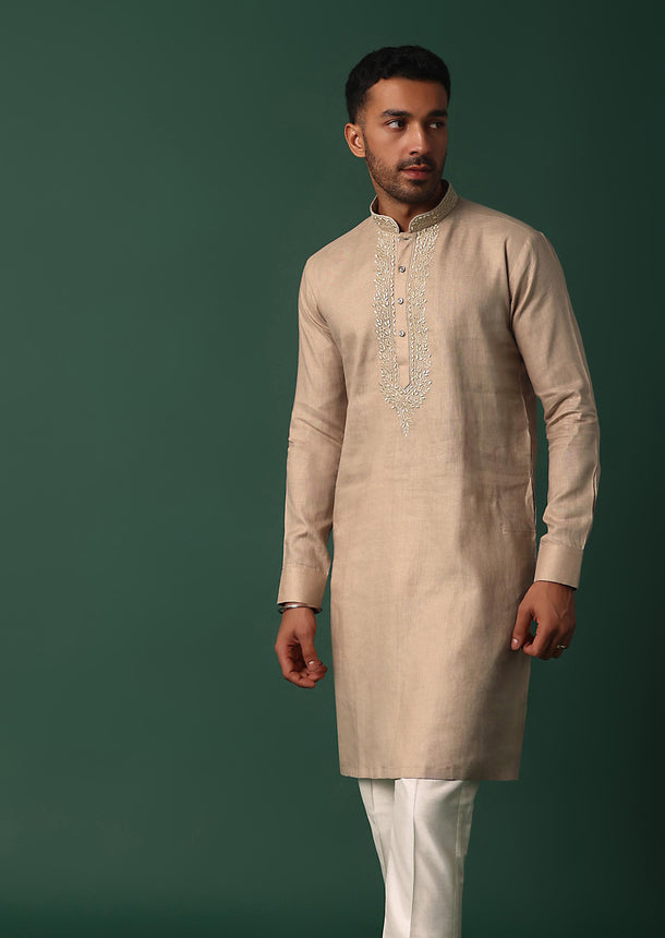 Refined Brown Linen Kurta With Intricate Yoke Work