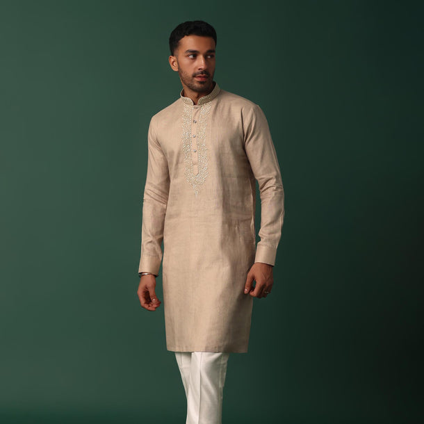 Refined Brown Linen Kurta With Intricate Yoke Work