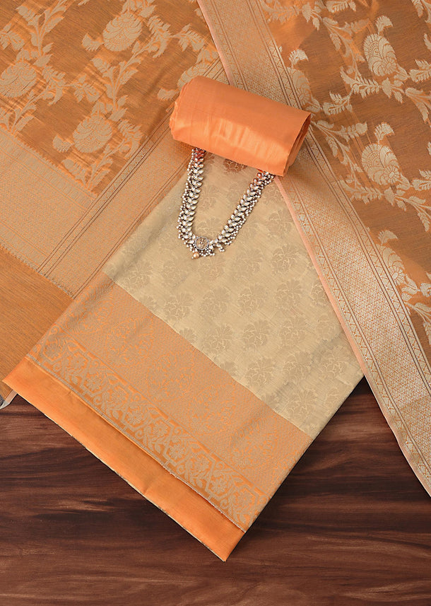 Regal Banarasi Silk Woven Dress Material Suit Set White And Cream Orange Silk