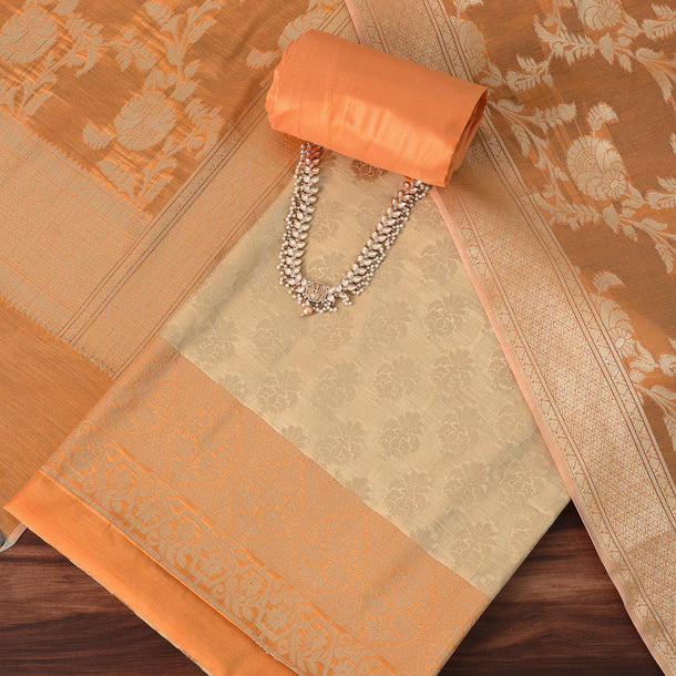 Regal Banarasi Silk Woven Dress Material Suit Set White And Cream Orange Silk