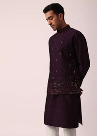 Regal Purple Cotton Silk Embroidered Jacket Kurta Set