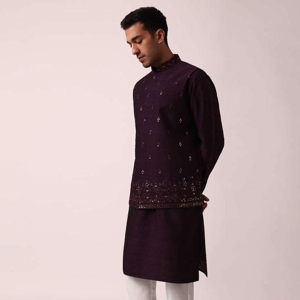 Regal Purple Cotton Silk Embroidered Jacket Kurta Set