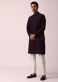 Regal Purple Cotton Silk Embroidered Jacket Kurta Set