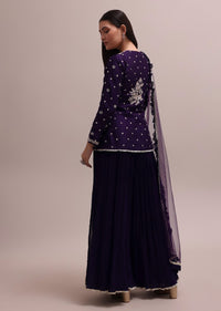 Regal Purple Heavy Zardosi Worked Short Kurta With Palazzo And Net Dupatta Set