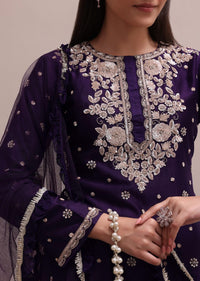 Regal Purple Heavy Zardosi Worked Short Kurta With Palazzo And Net Dupatta Set