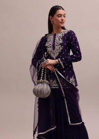 Regal Purple Heavy Zardosi Worked Short Kurta With Palazzo And Net Dupatta Set
