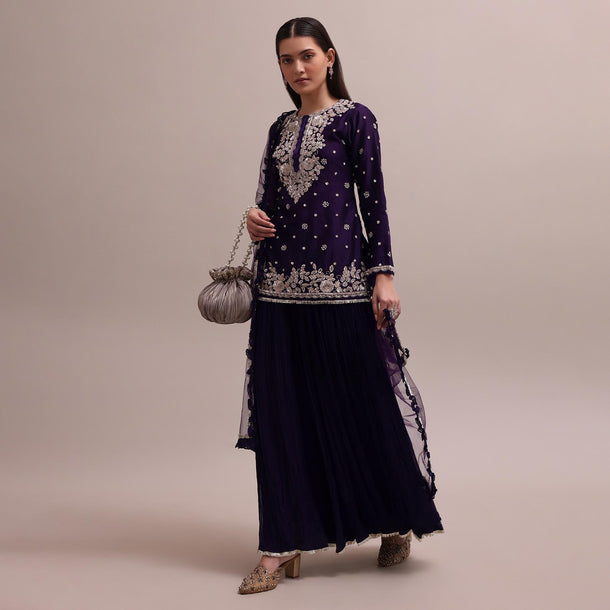 Regal Purple Heavy Zardosi Worked Short Kurta With Palazzo And Net Dupatta Set