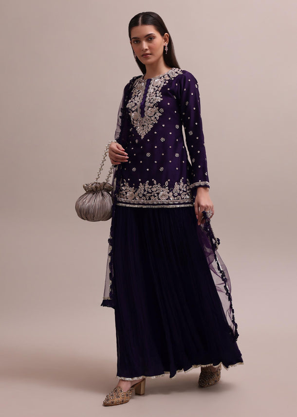 Regal Purple Heavy Zardosi Worked Short Kurta With Palazzo And Net Dupatta Set