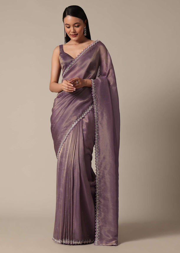 Regal Purple Saree With Mirror and Stone Scallop Border