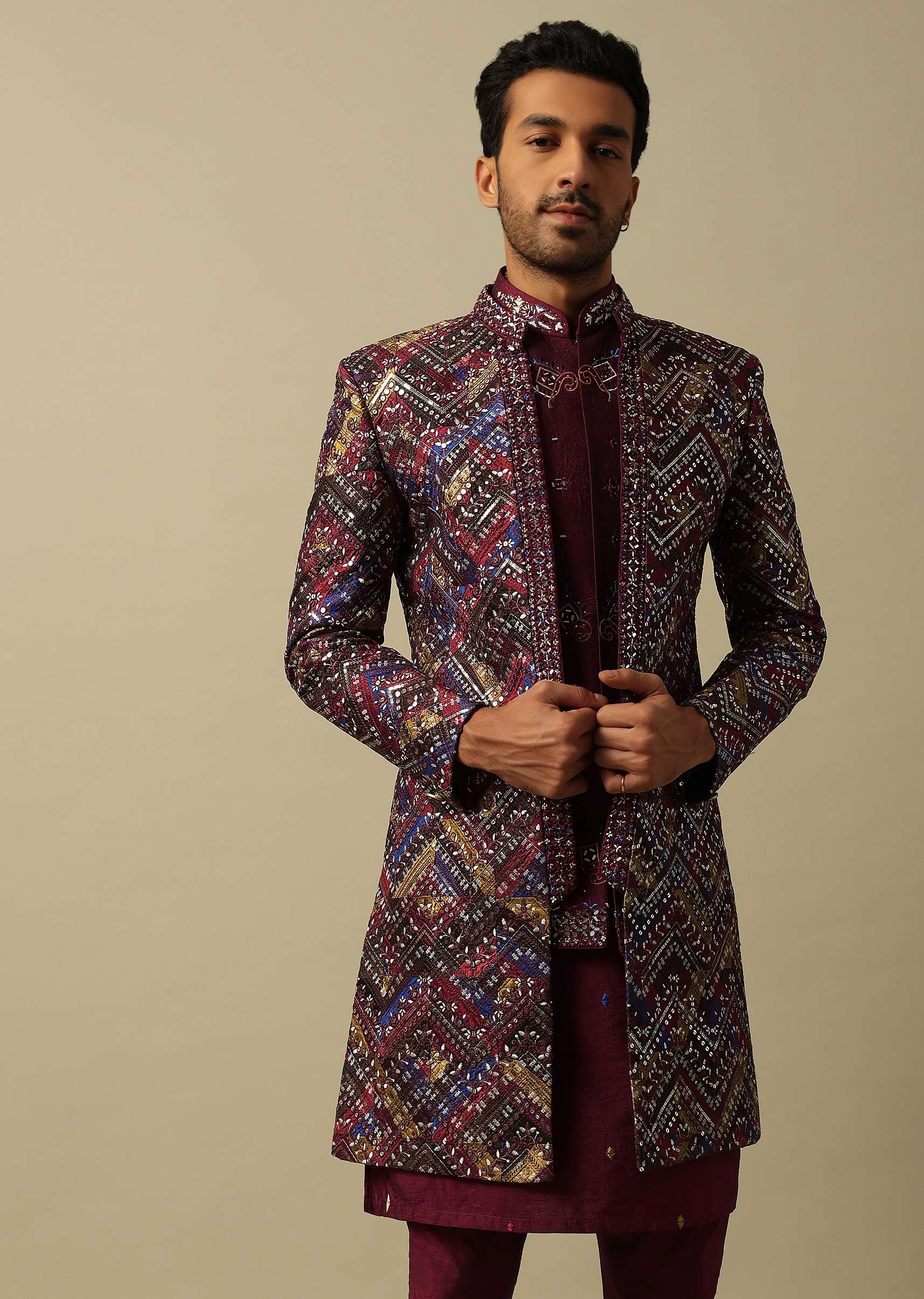 Regal Red Silk Indowestern For Men