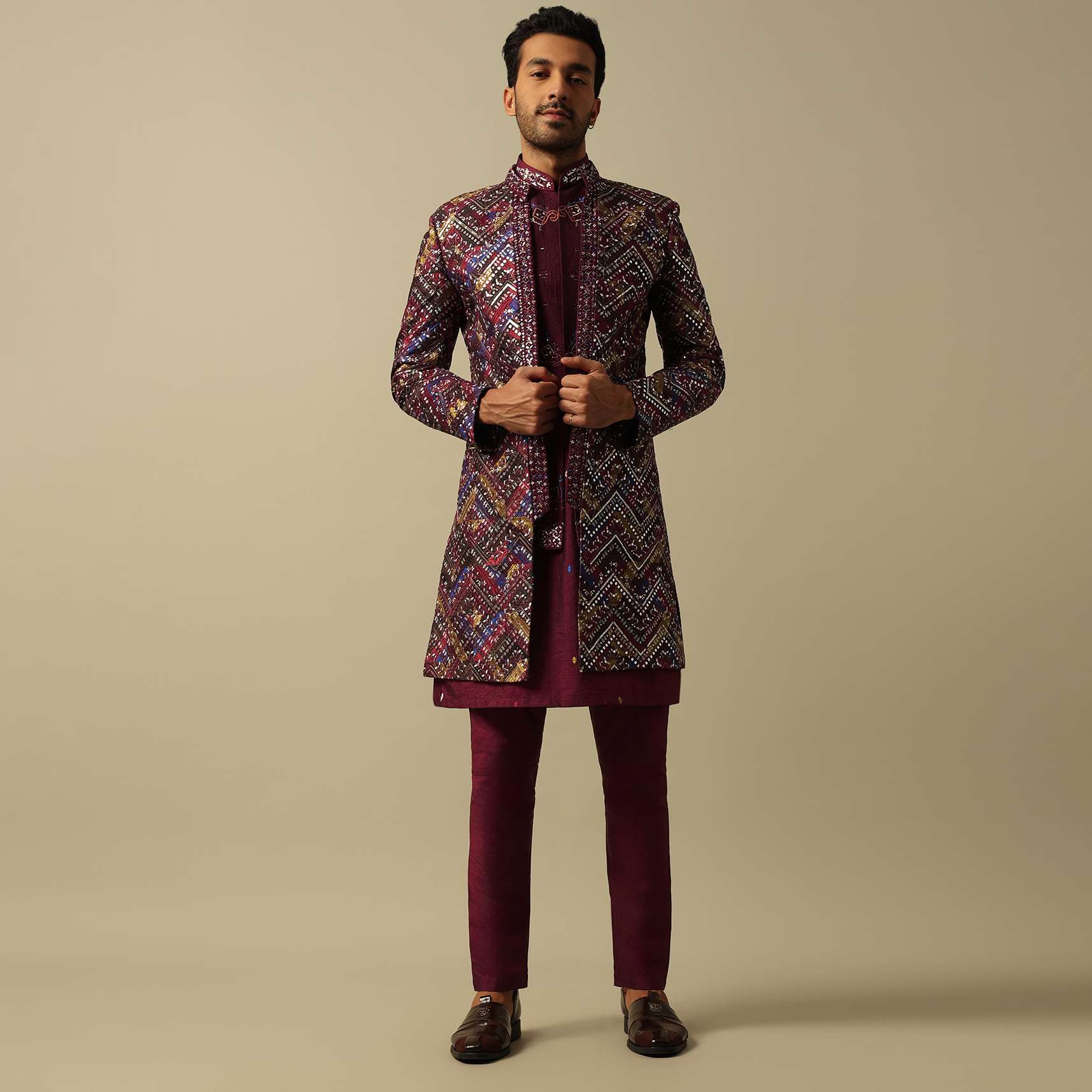 Regal Red Silk Indowestern For Men