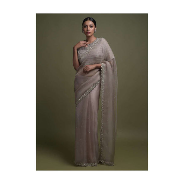 Rhino Grey Saree In Organza With Sequins, Cut Dana And Bead Tassels On The Border Online - Kalki Fashion